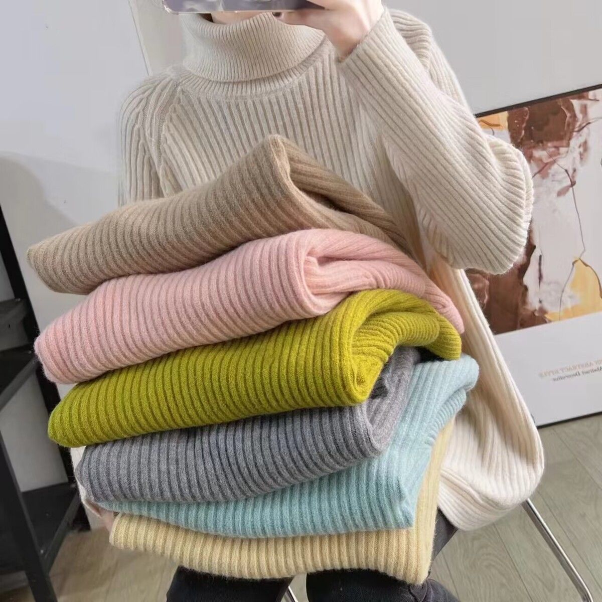 Damski luźny i elegancki sweter z półgolfem, w jednolitym kolorze, na co dzień