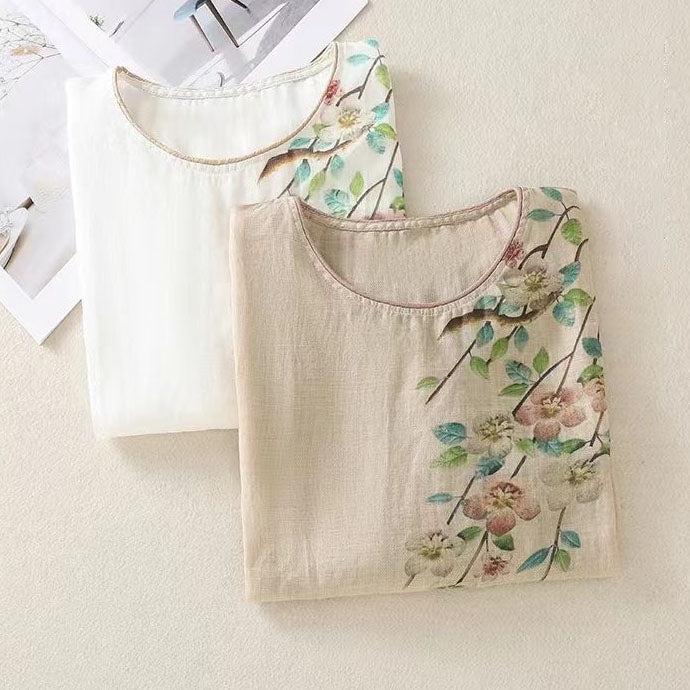 Elegancka koszula w stylu vintage z okrągłym dekoltem i kwiatowym nadrukiem