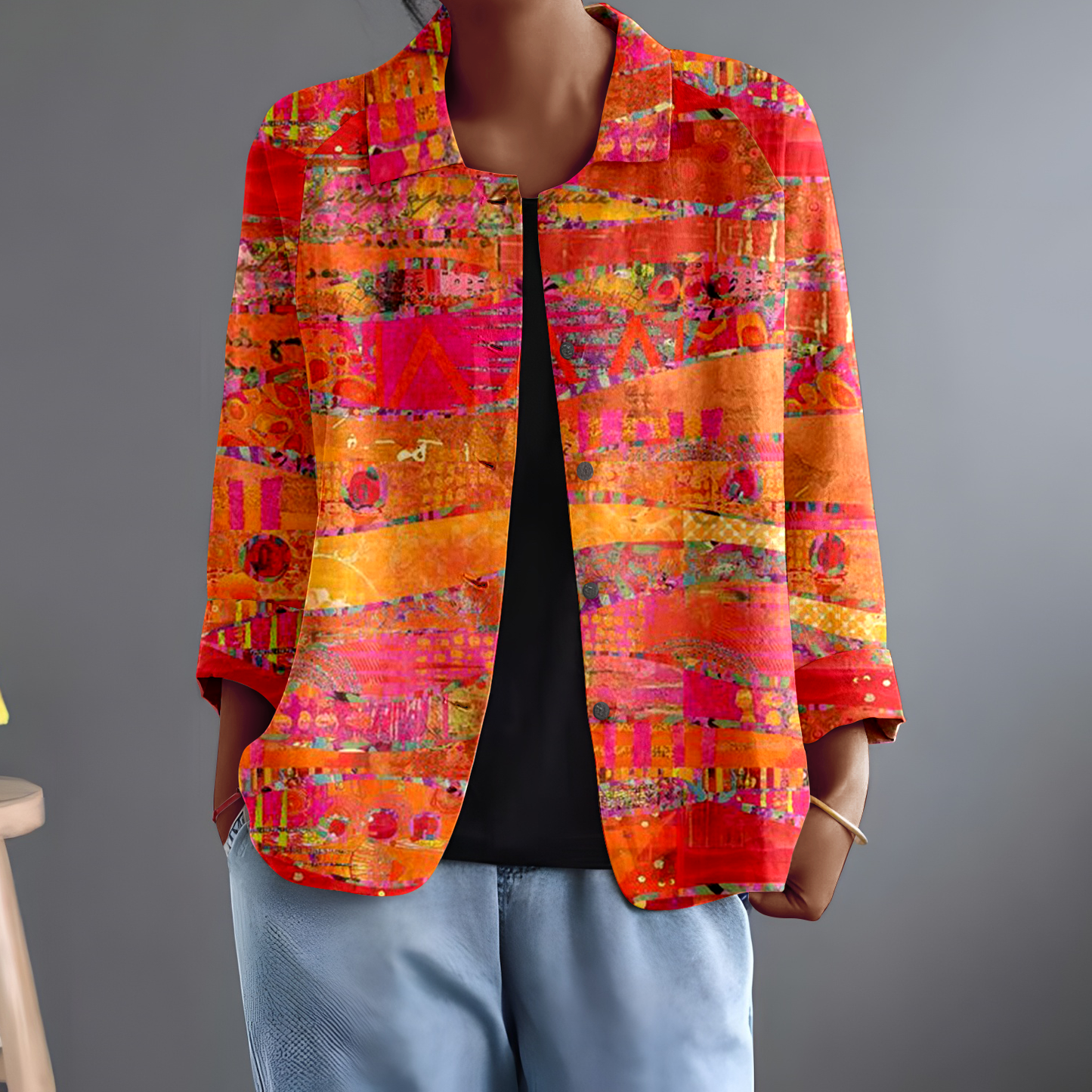 Wygodna i swobodna koszula z guzikami w kolorze pomarańczowo-żółtym, z teksturą malowaną olejem