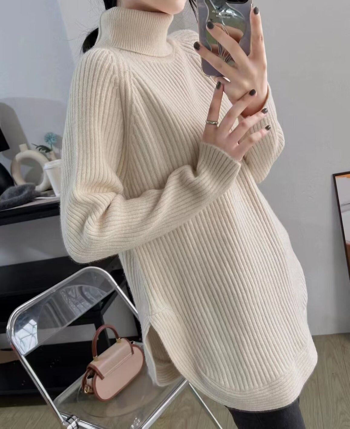 Damski luźny i elegancki sweter z półgolfem, w jednolitym kolorze, na co dzień