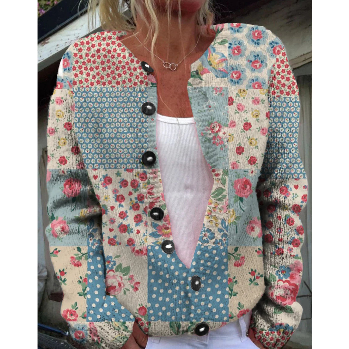 Sweter kardigan w stylu vintage, w stylu boho, z motywem kwiatowym