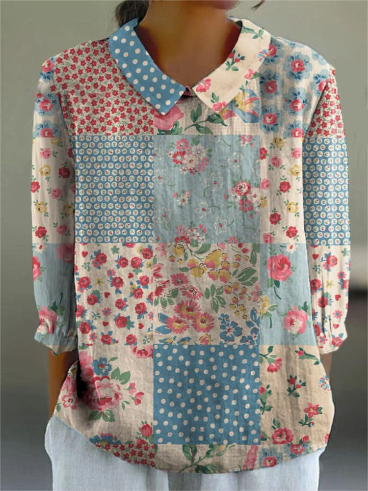 Elegancka i wygodna koszula z bawełny i lnu w blokach kolorów, z ładnym kwiatowym nadrukiem