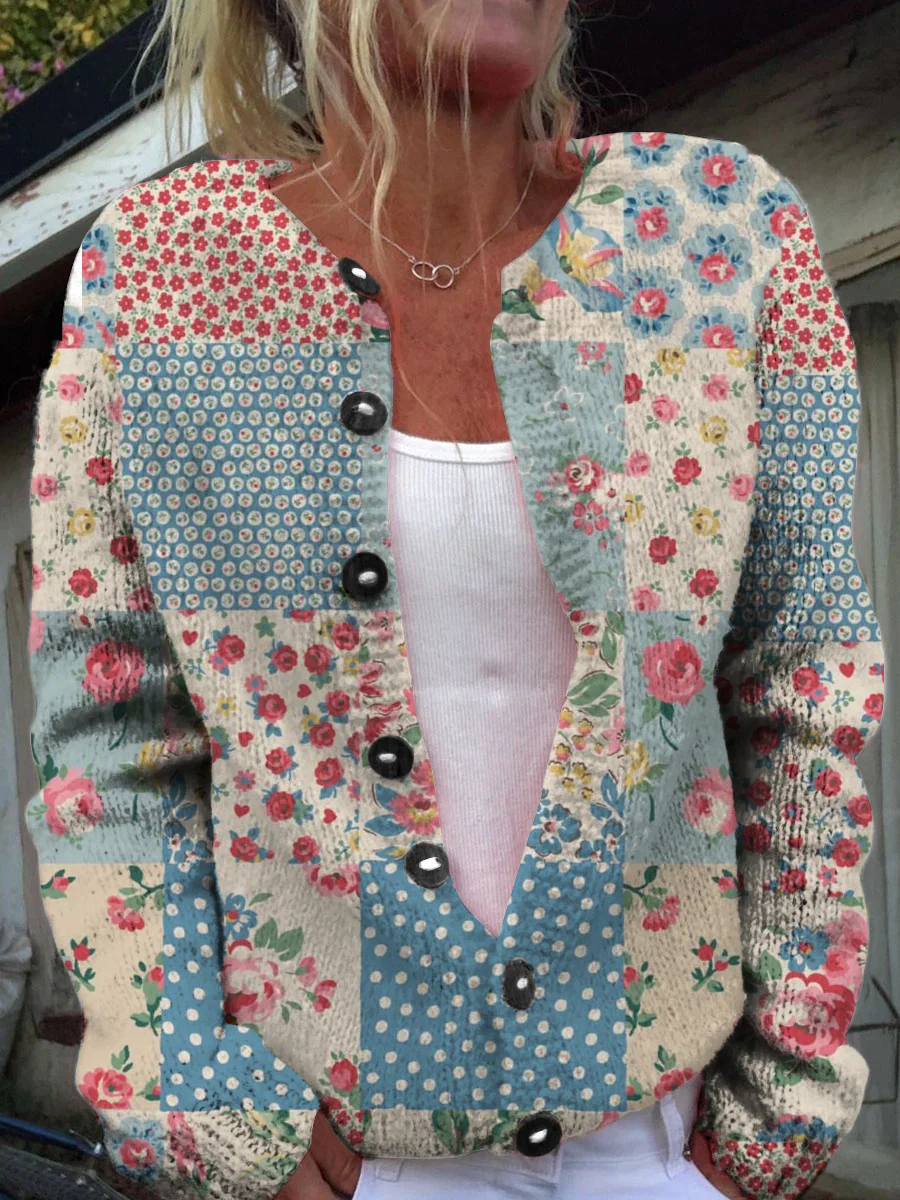 Sweter kardigan w stylu vintage, w stylu boho, z motywem kwiatowym