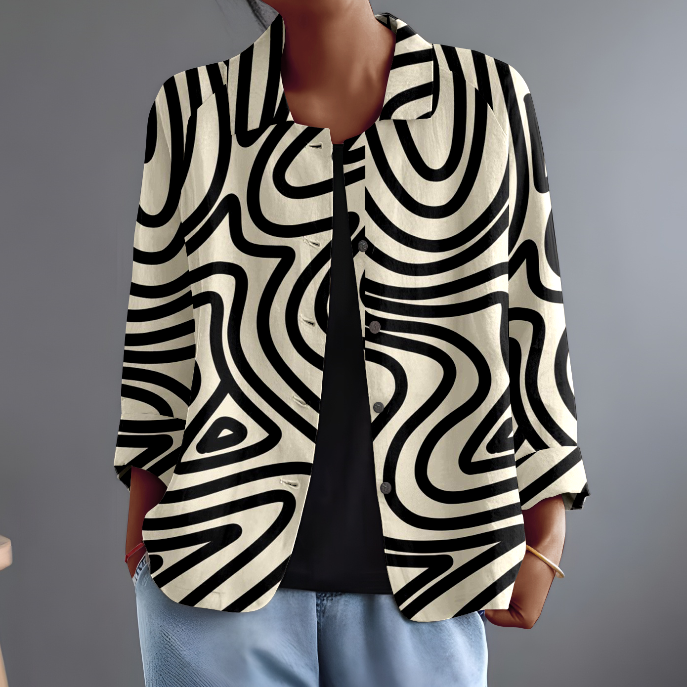 Elegancka i wygodna koszula z długim rękawem i czarnym geometrycznym wzorem krzywizny