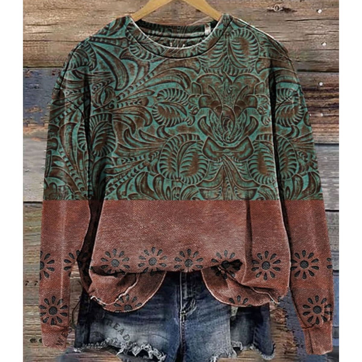 Zielono-brązowa bluza typu casual z nadrukiem w stylu western