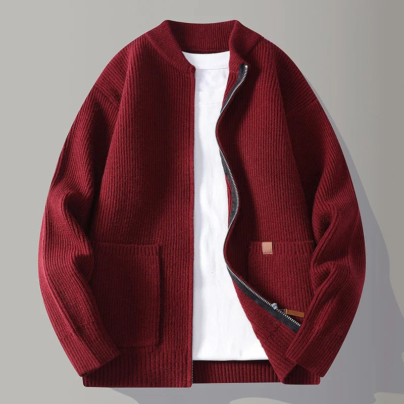 Męski jesienny sweter kardigan z dzianiny zapinany na zamek, modny design kieszeni, uniwersalny styl
