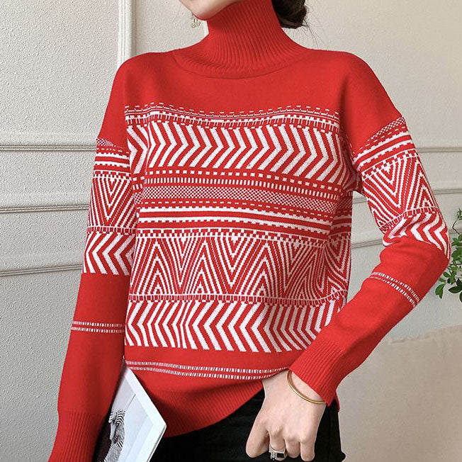 Elegancki i wygodny damski sweter z golfem w geometryczny wzór