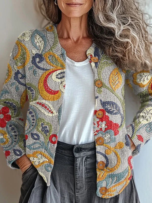 Elegancki i wygodny sweter kardigan w szarym kwiatowym wzorze