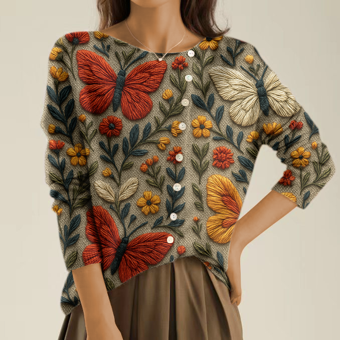 Elegancki i wygodny sweter z wzorem motyla 3D i nieregularnymi guzikami