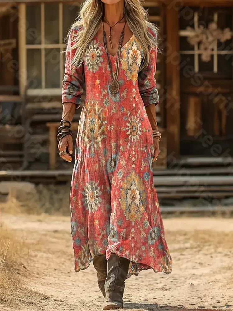 Elegancka i wygodna sukienka w kolorze brzoskwiniowo-różowym z dekoltem w serek, ozdobiona pięknym kwiatowym nadrukiem.