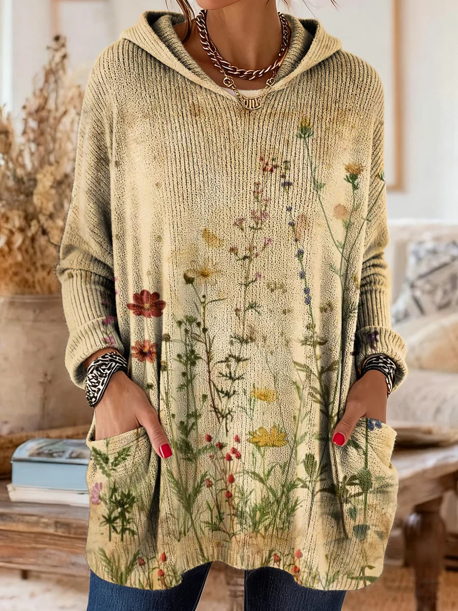 Elegancki i wygodny beżowy sweter kaszmirowy ozdobiony pięknym kwiatowym nadrukiem, z kapturem i kieszeniami.