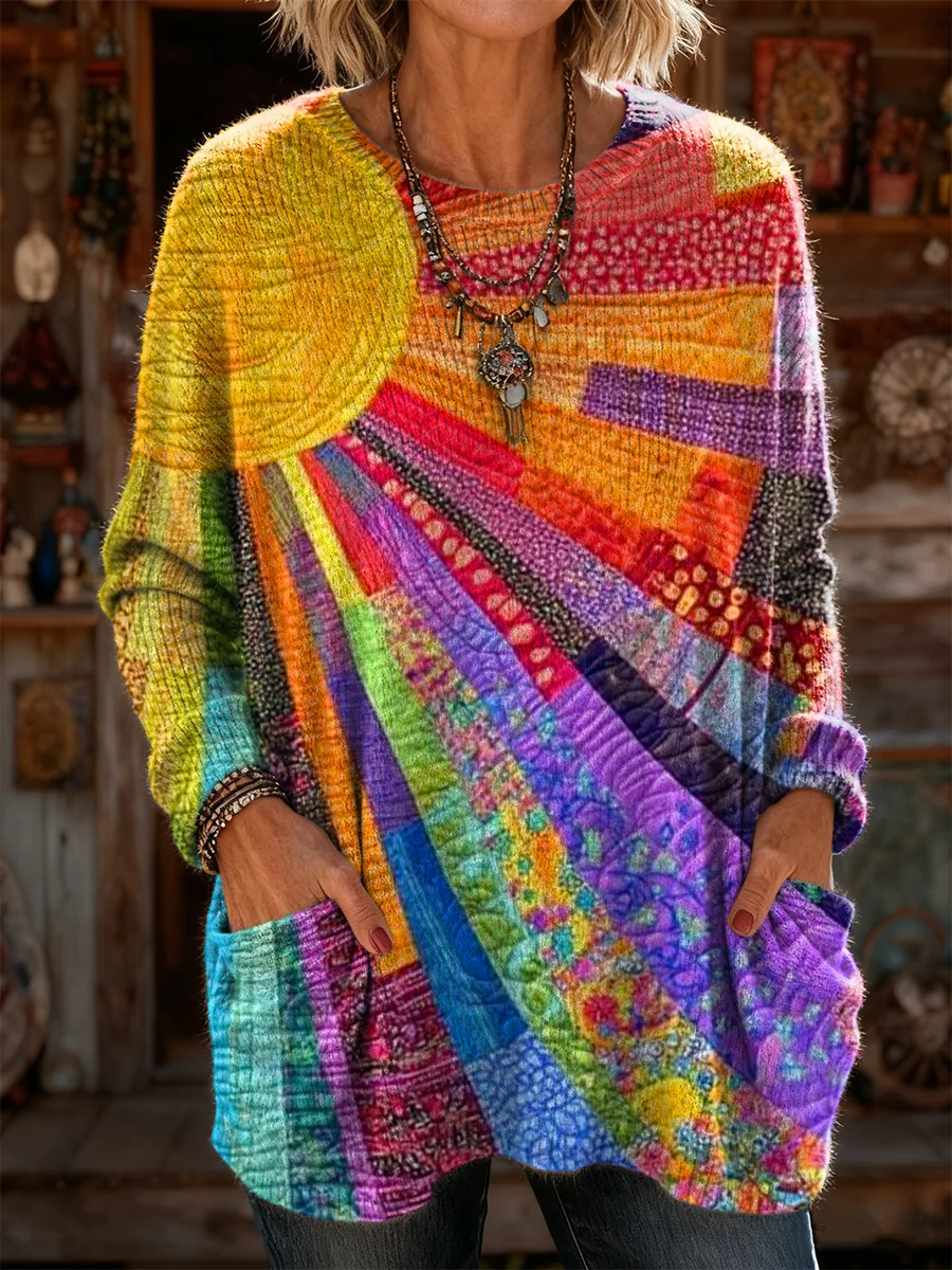 Elegancki i wygodny sweter kaszmirowy z kolorowym nadrukiem w paski, okrągłym dekoltem i kieszeniami.