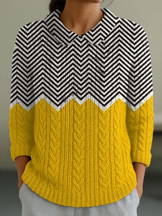 Elegancki i wygodny sweter w czarne paski z kontrastującym żółtym odcieniem, miękki w dotyku.