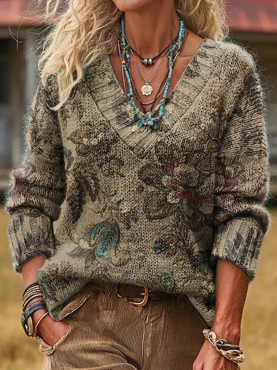 Elegancki i wygodny sweter w kolorze khaki z długim rękawem i dekoltem w serek, ozdobiony pięknym kwiatowym wzorem.