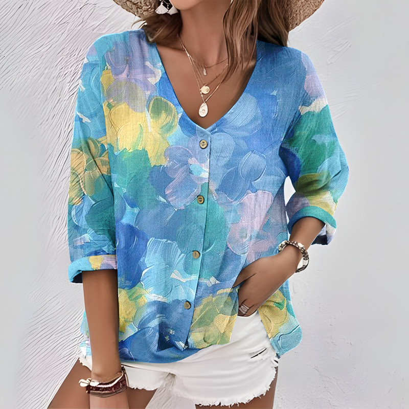 Elegancka i wygodna kolorowa koszula z gradientem, zapinana na guziki, z dekoltem w serek i rękawami 3/4