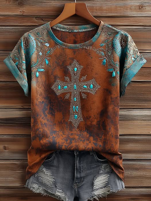 Klasyczny brązowy T-shirt z nadrukiem i krótkim rękawem