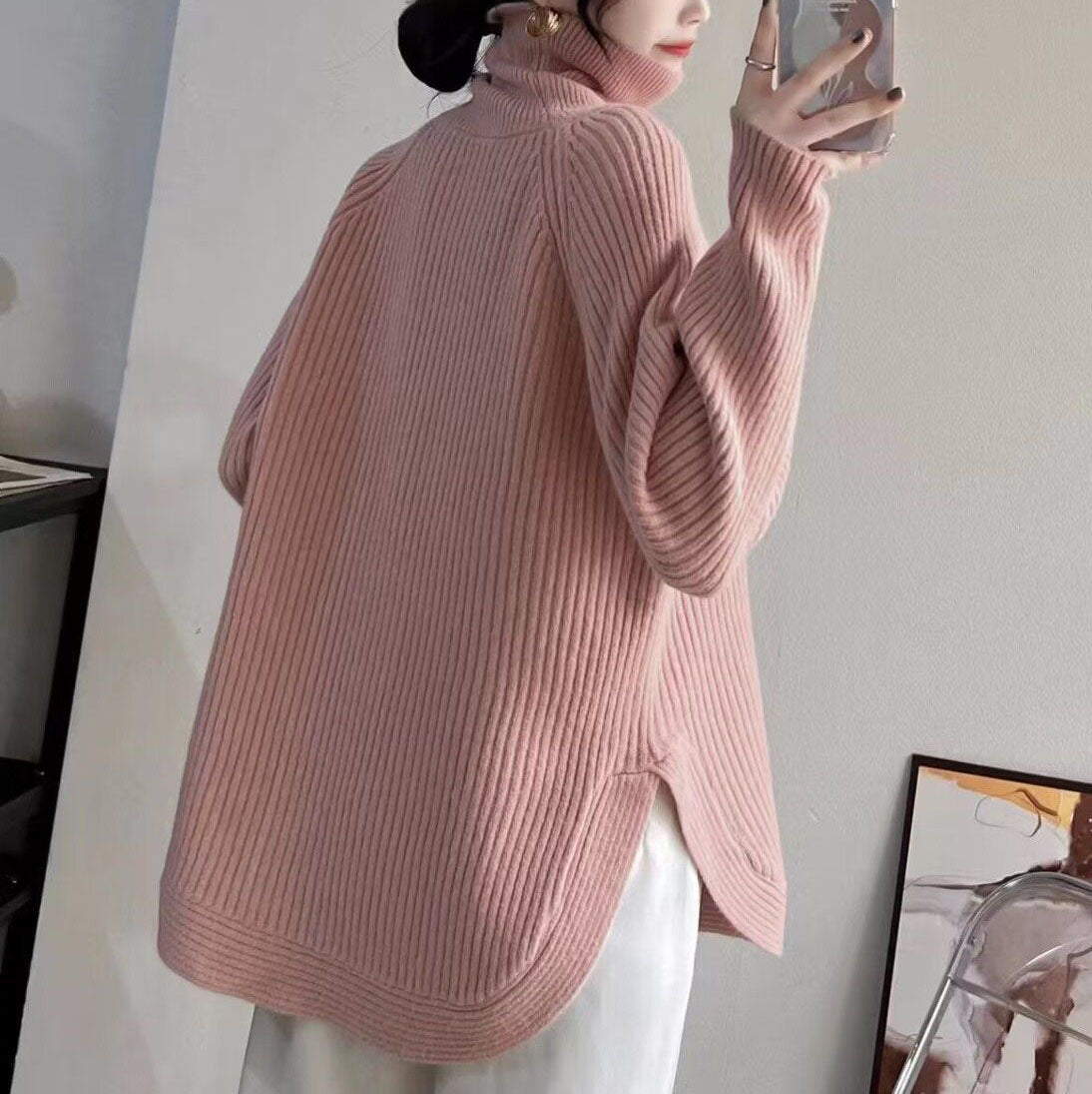 Damski luźny i elegancki sweter z półgolfem, w jednolitym kolorze, na co dzień