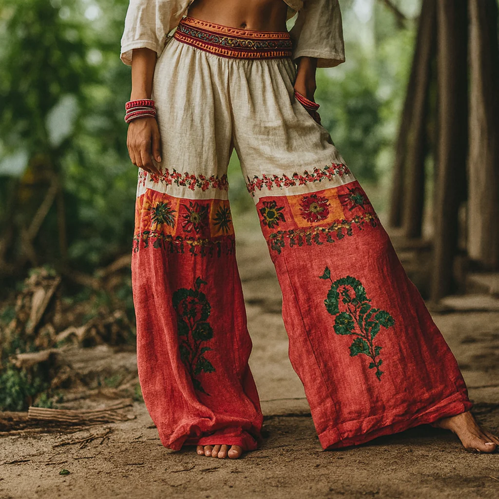 Nowe spodnie damskie w stylu retro z szerokimi nogawkami i nadrukiem w stylu boho