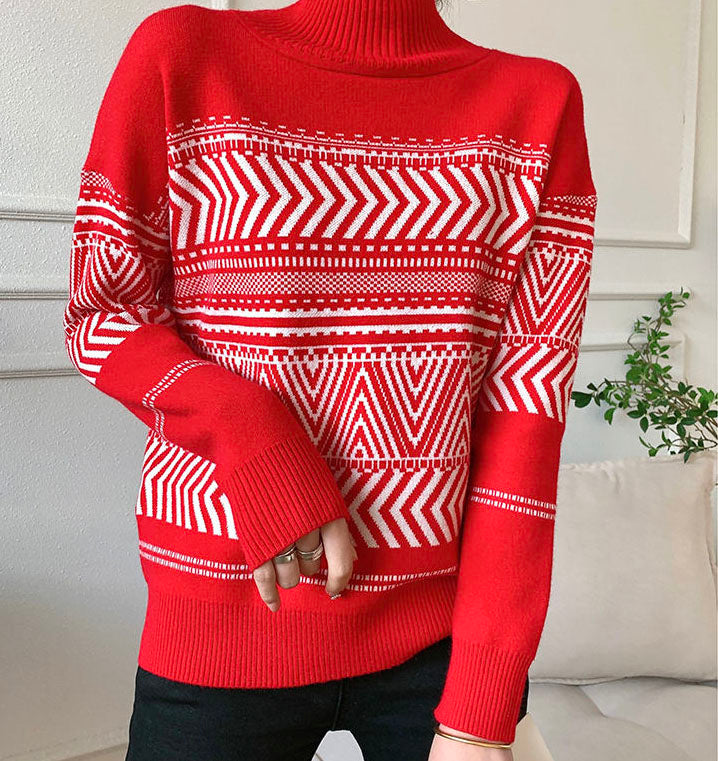 Elegancki i wygodny damski sweter z golfem w geometryczny wzór