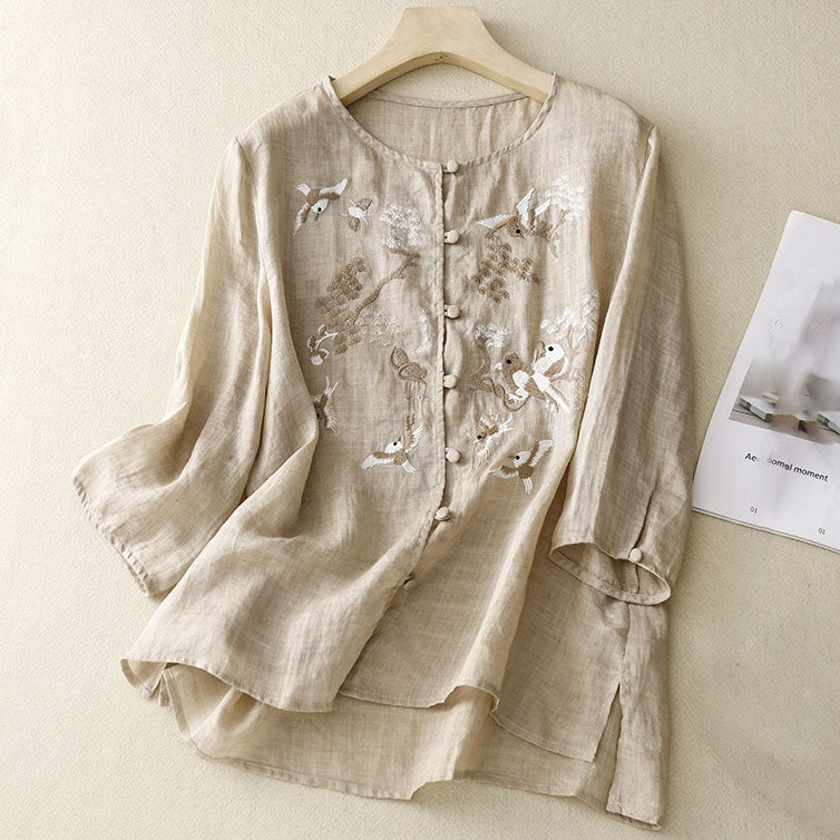 【Wyprzedaż wyprzedażowa】Elegancka koszula z haftem w stylu vintage z ptakami i kwiatami zapinana na guziki