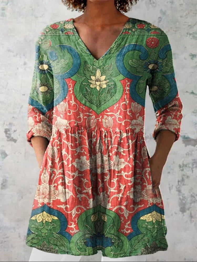 Koszula Vintage Lotus Floral Print Casual z długim rękawem i dekoltem w serek