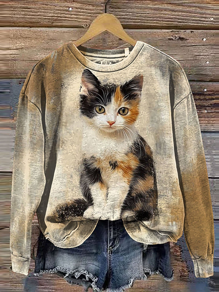Damska bluza z nadrukiem uroczego kota na co dzień