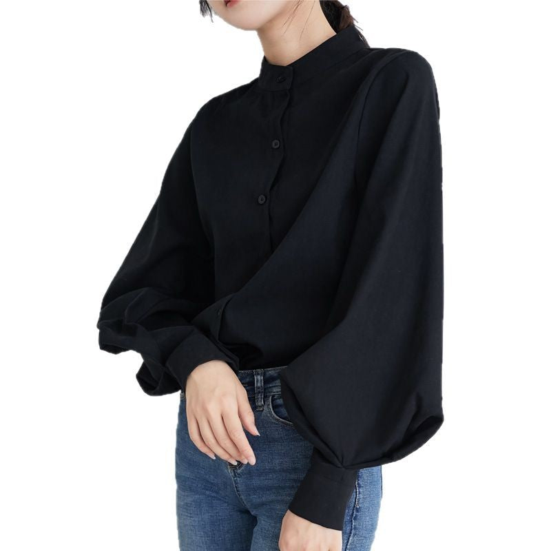 Elegancka, jednokolorowa koszula ze stójką i rękawami typu lampion