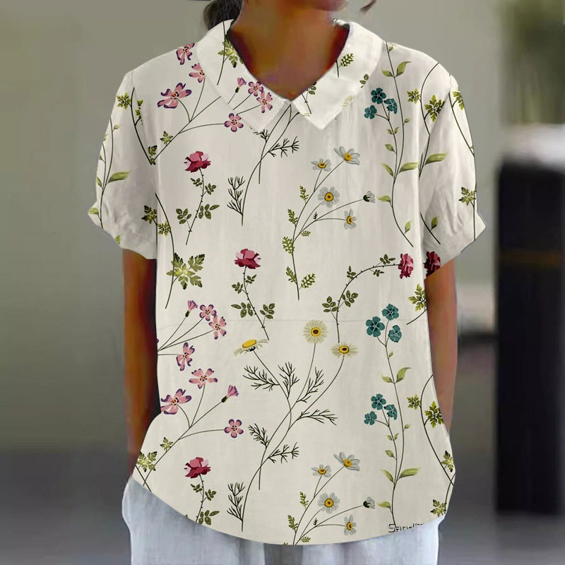 Damska koszula z uroczymi klapami i wzorem w rośliny 03