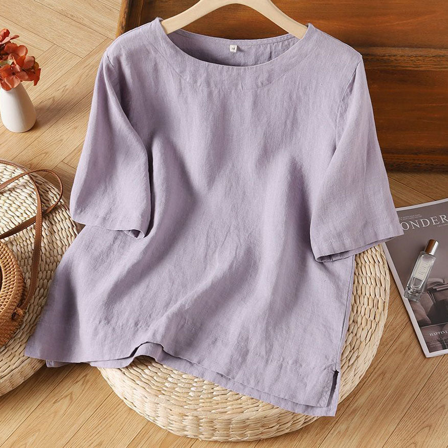 Elegancka i wygodna koszula z okrągłym dekoltem, wykonana z bawełny i lnu w jednolitym kolorze, ze średnim rękawem