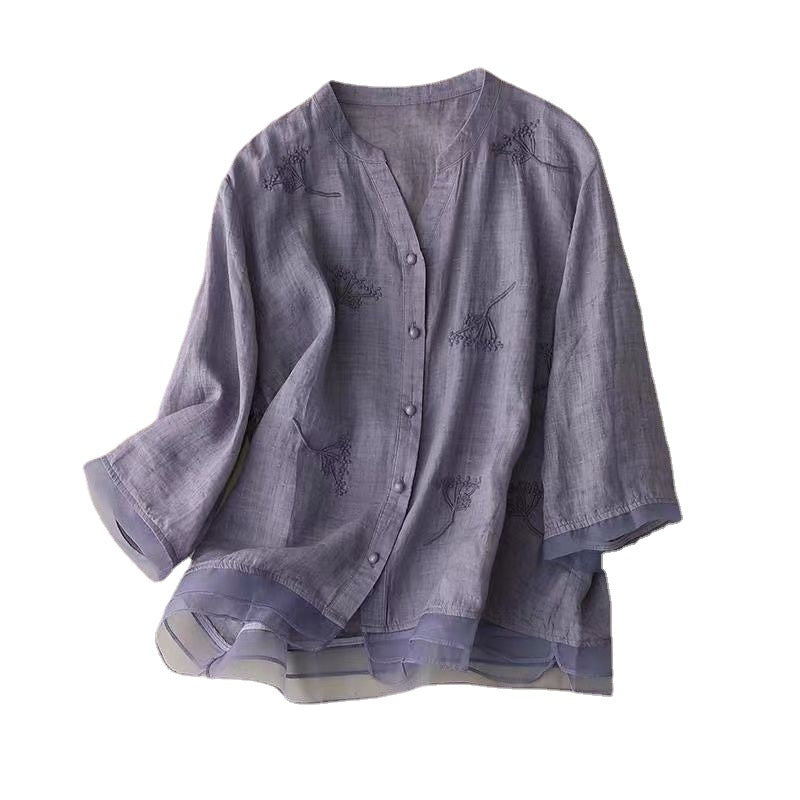 Elegancka koszula retro z okrągłym dekoltem i długim rękawem w jednolitym kolorze 02