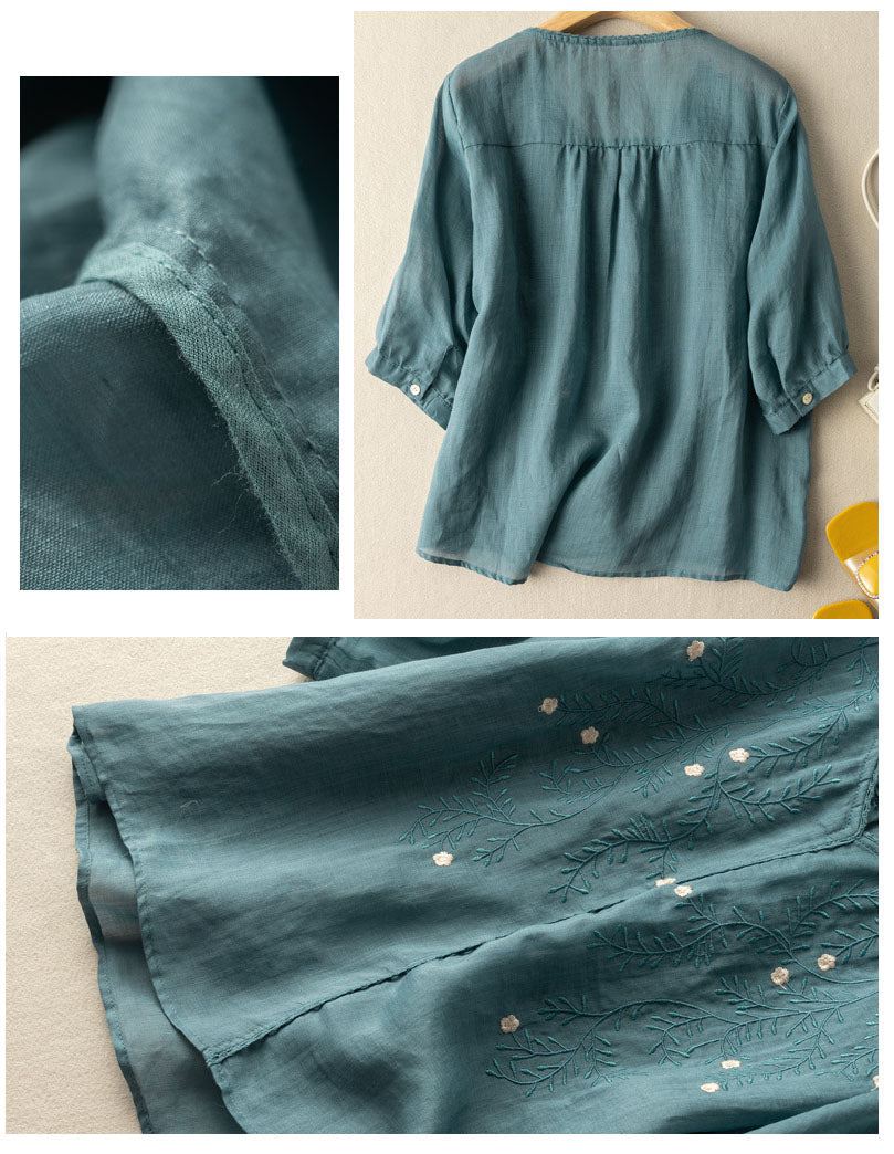 Koszula z bawełny i lnu w jednolitym kolorze, średniej długości rękawy, wydrążone kwiaty, dekolt w serek