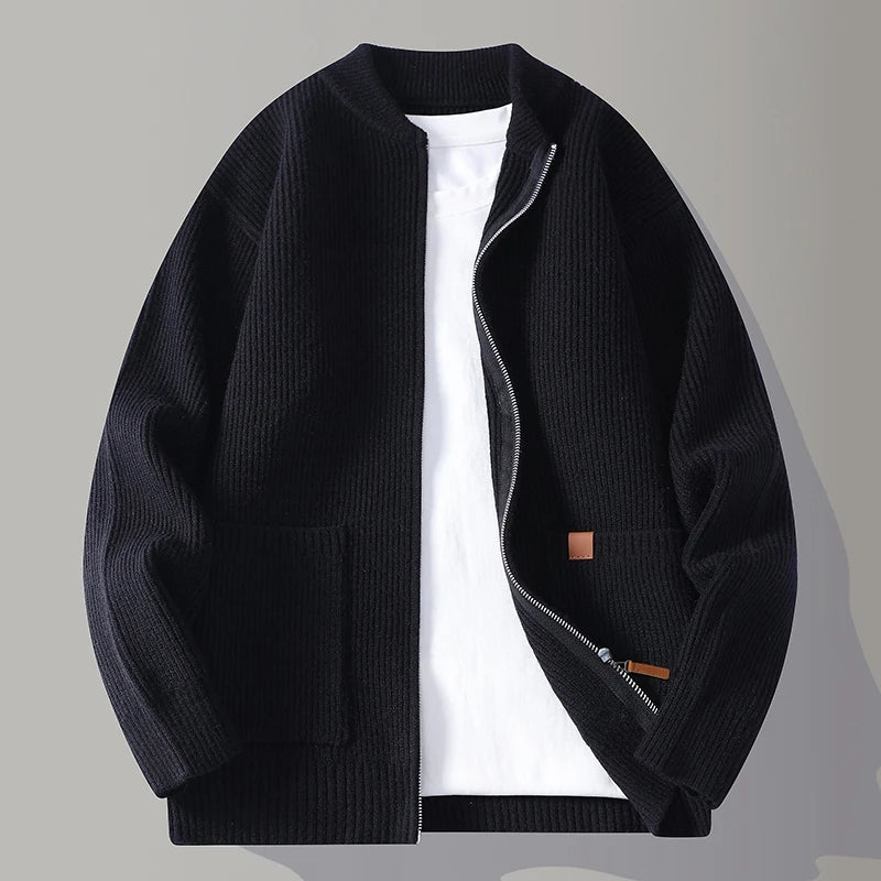 Męski jesienny sweter kardigan z dzianiny zapinany na zamek, modny design kieszeni, uniwersalny styl