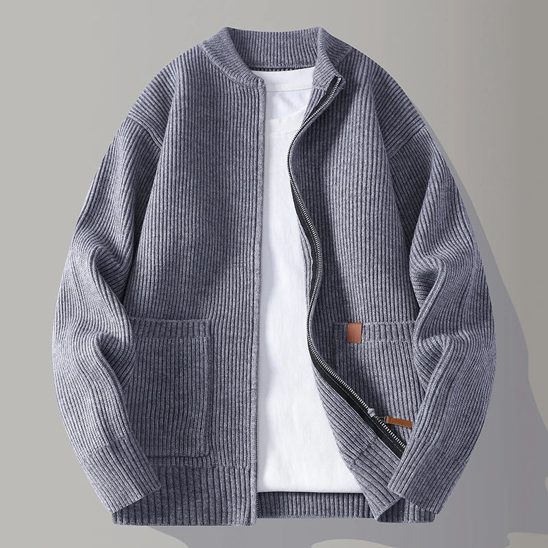 Męski jesienny sweter kardigan z dzianiny zapinany na zamek, modny design kieszeni, uniwersalny styl