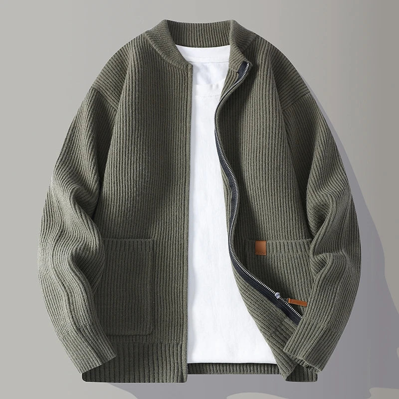 Męski jesienny sweter kardigan z dzianiny zapinany na zamek, modny design kieszeni, uniwersalny styl
