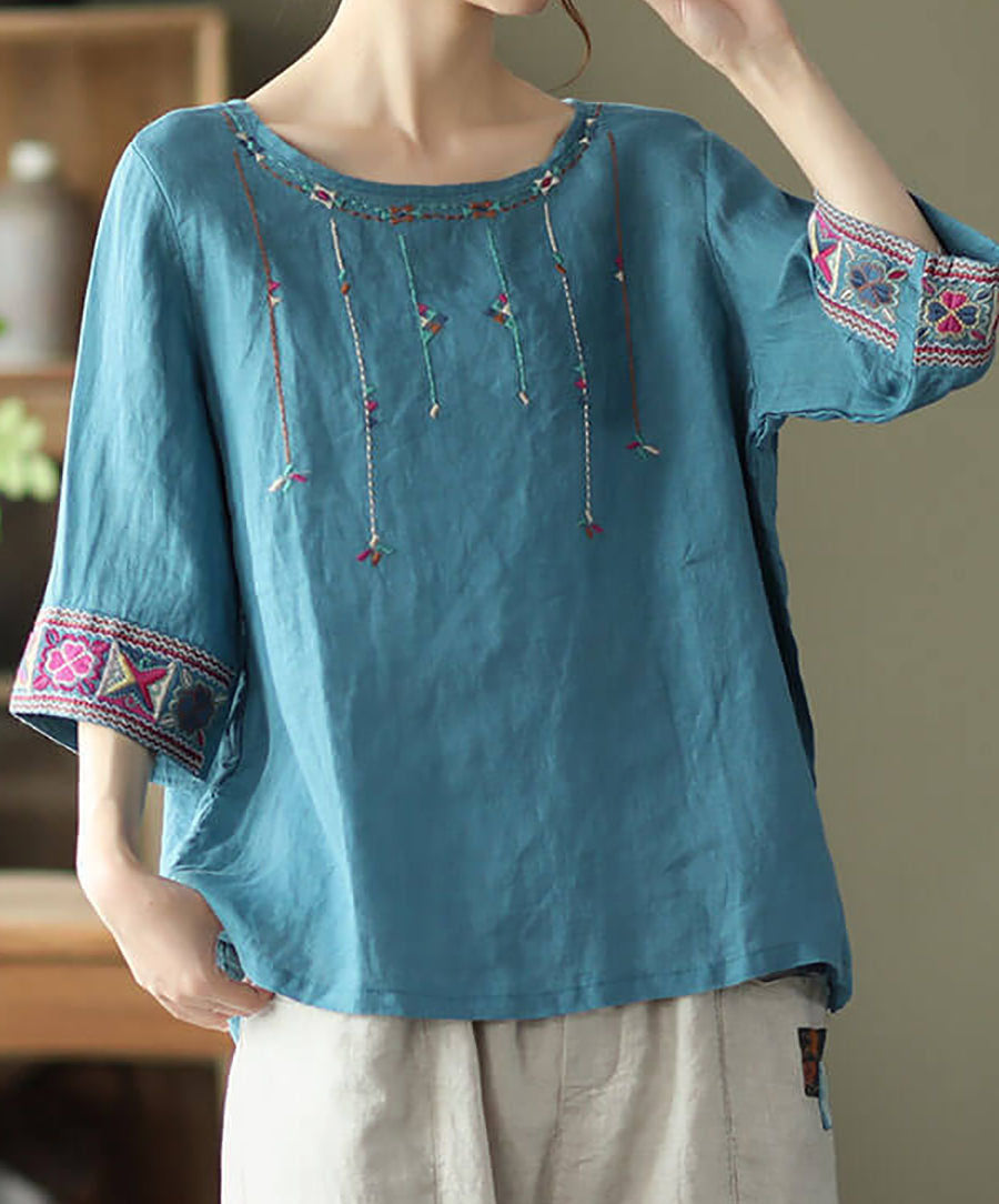 Elegancka i wygodna bawełniana koszula w stylu etnicznym z krótkim rękawem i haftem