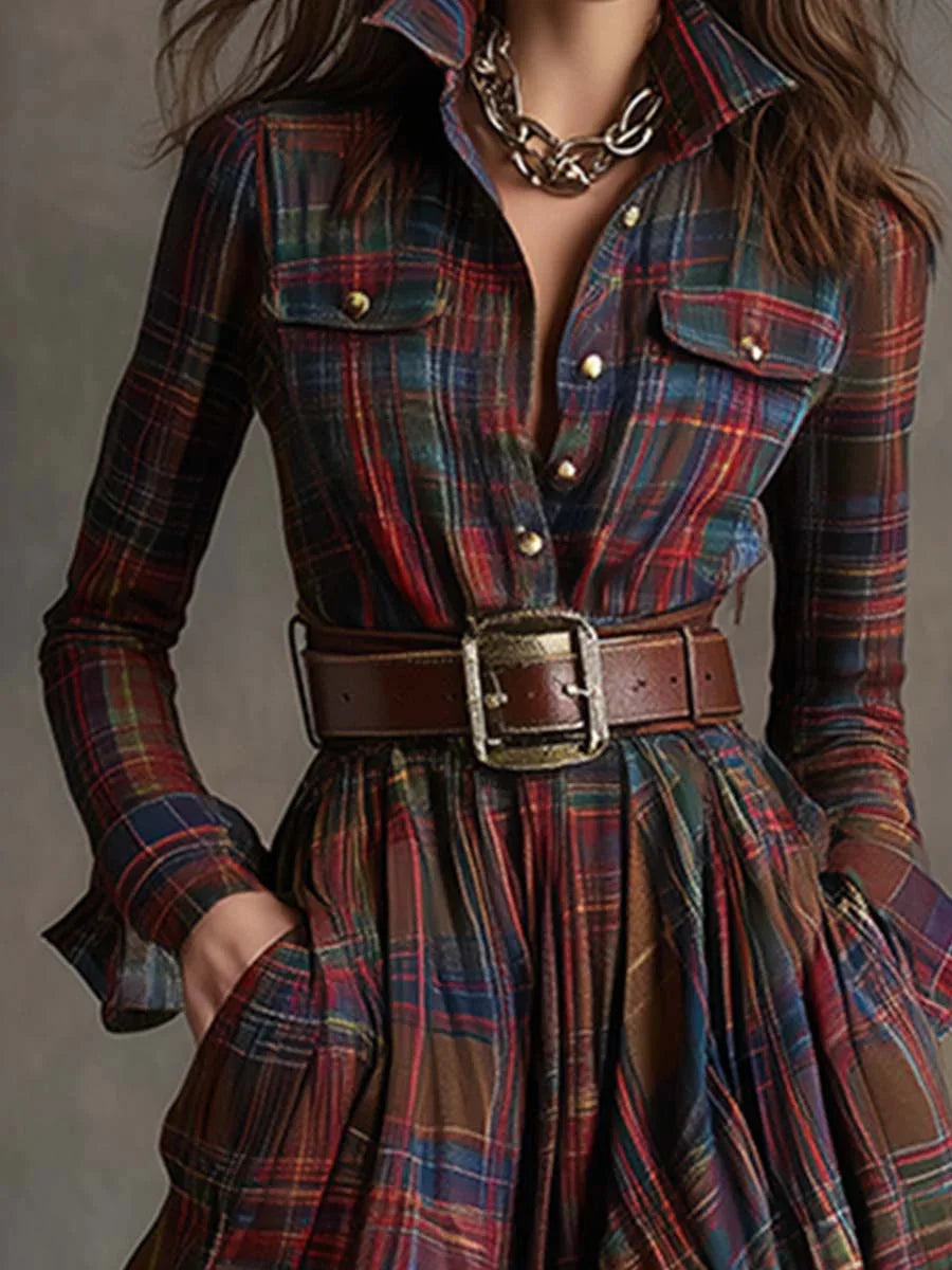 Elegancka i wygodna, francuska sukienka w kratę w stylu vintage z kołnierzykiem i szeroką spódnicą.