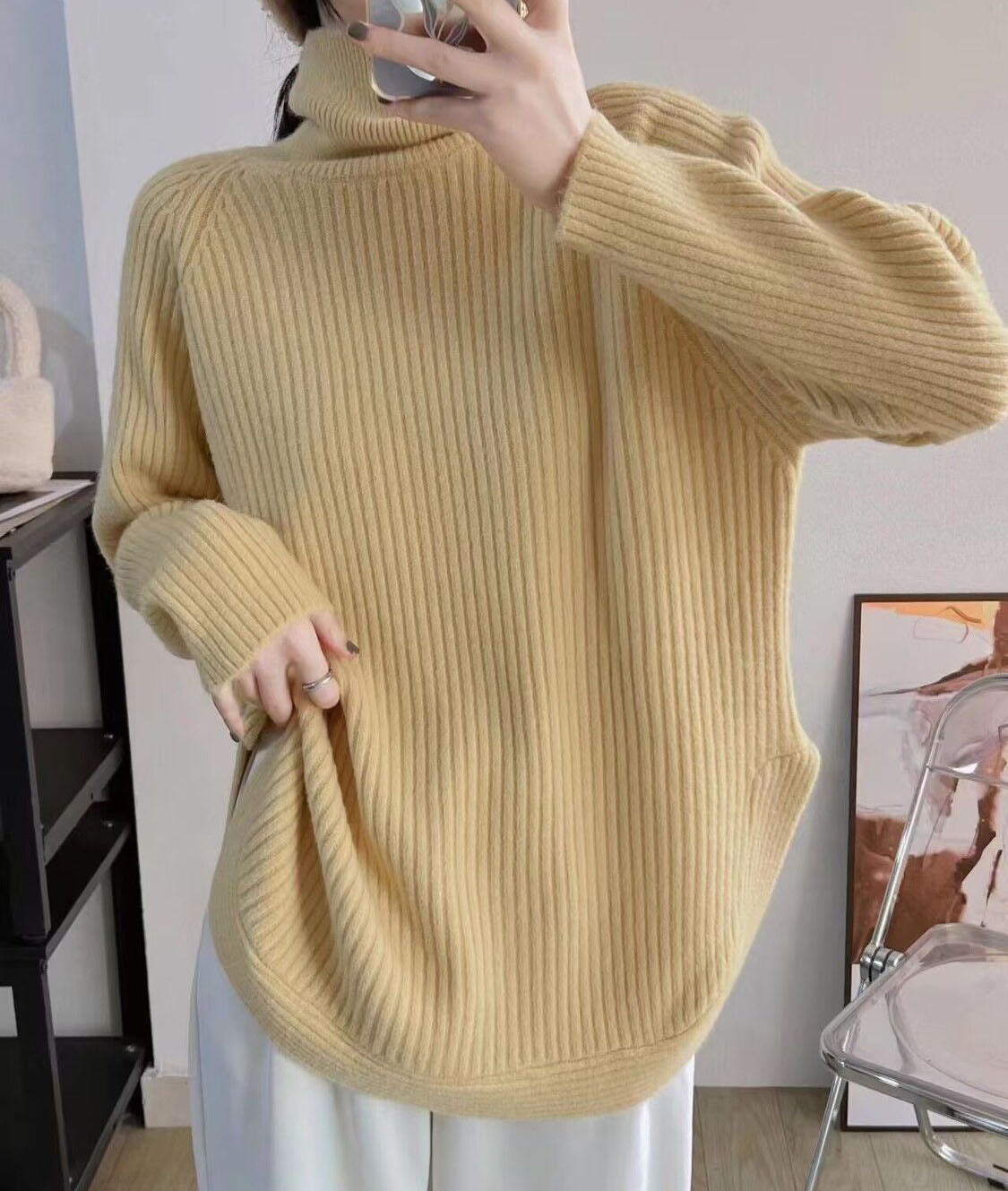 Damski luźny i elegancki sweter z półgolfem, w jednolitym kolorze, na co dzień