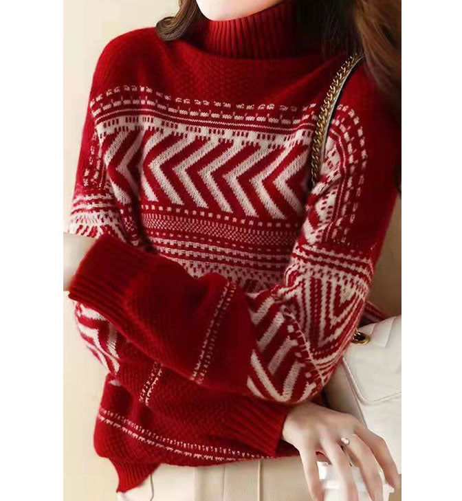 Elegancki i wygodny damski sweter z golfem w geometryczny wzór