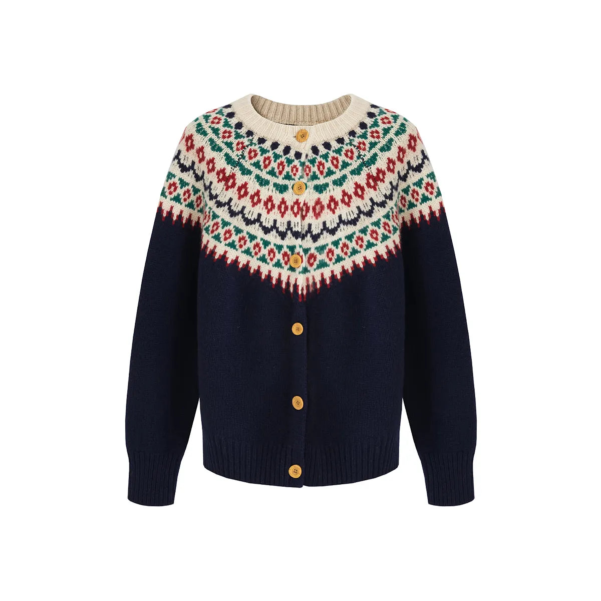 Luźny i wygodny niebieski kardigan z geometrycznym wzorem w stylu retro i zapięciem na guziki