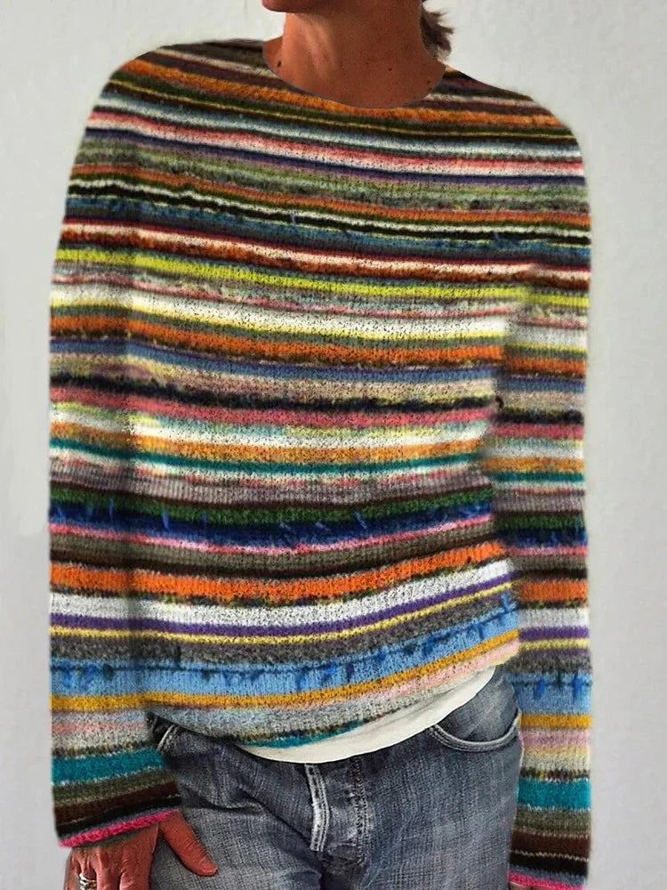 Elegancki i wygodny sweter z kaszmiru w stylu vintage z kolorowym nadrukiem w paski