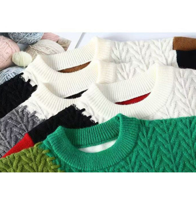 Męski sweter na jesień/zimę, wielokolorowy, patchworkowy, z blokami kolorów, ciepły i wygodny.