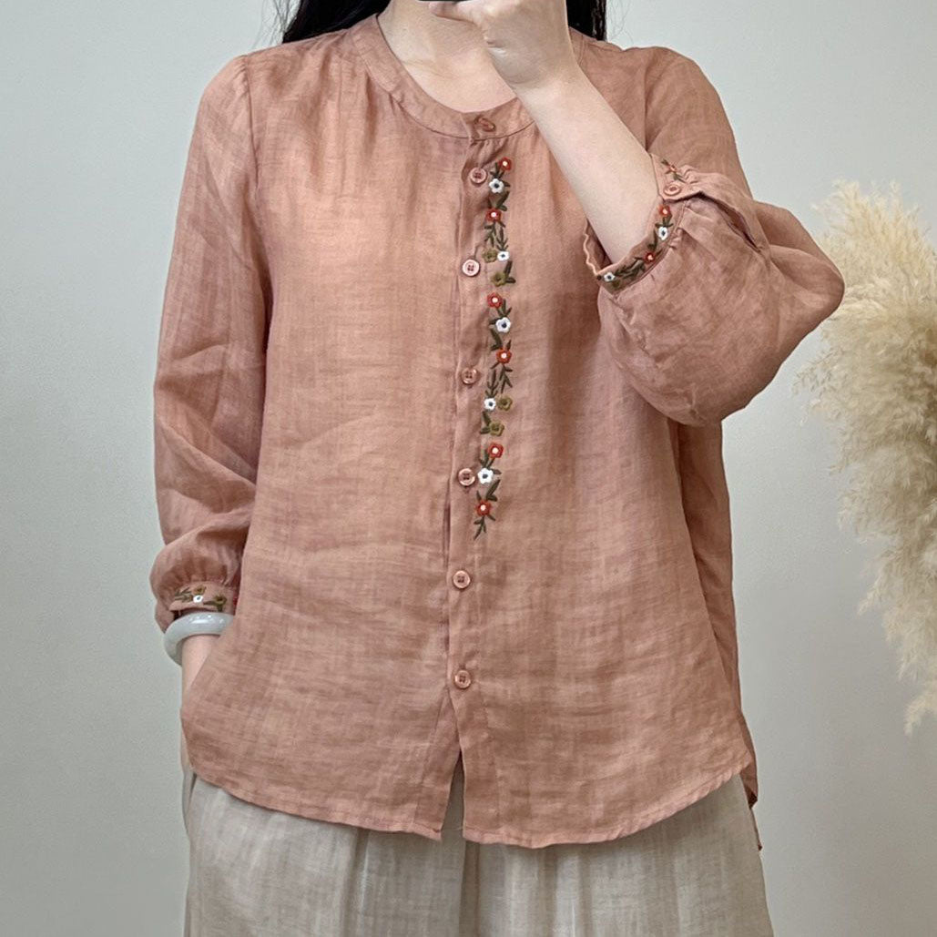 Elegancka i wygodna koszula z okrągłym dekoltem i przewiewną fakturą lnu