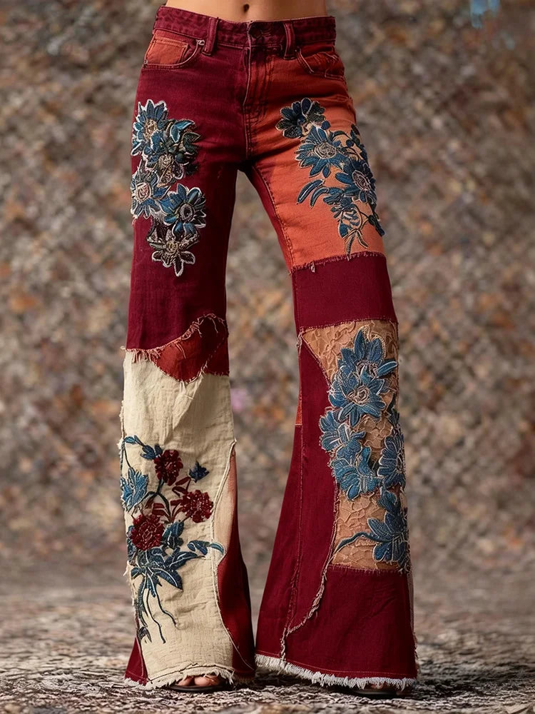 Eleganckie i wygodne, wielokolorowe jeansy o prostej nogawce, ozdobione pięknym kwiatowym nadrukiem i wyposażone w kieszenie.