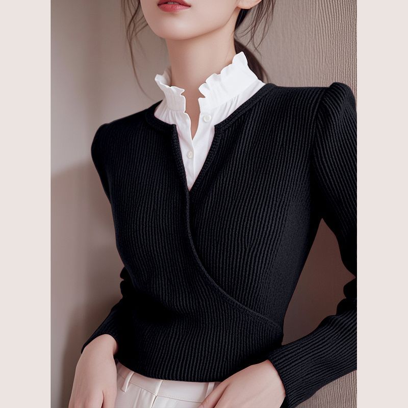 Elegancki i szykowny damski sweter z kołnierzykiem typu koszulowego, wyszczuplający i podkreślający figurę.