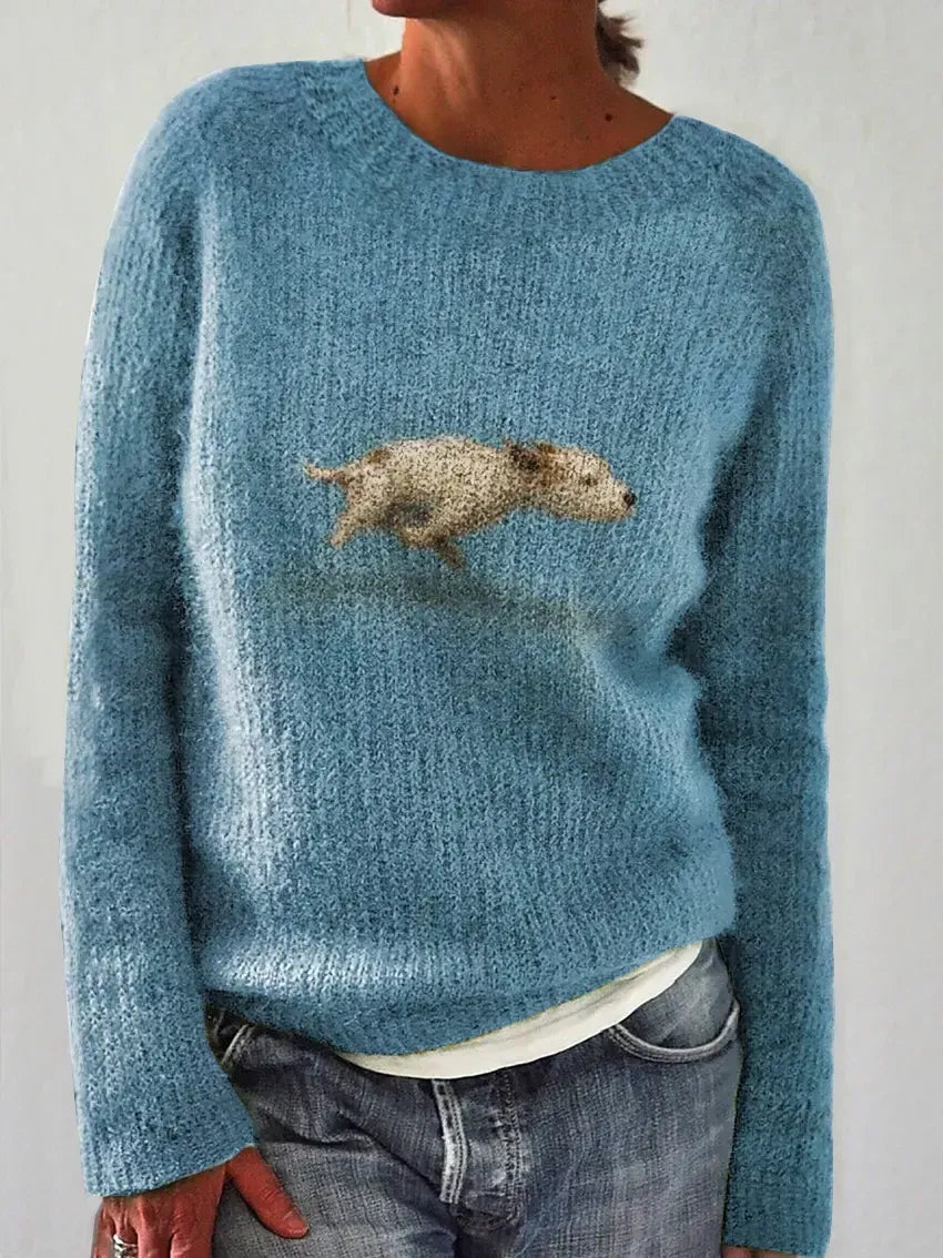 Elegancki i wygodny sweter damski w jednolitym kolorze, ozdobiony wzorem przedstawiającym psa; uniwersalny styl.