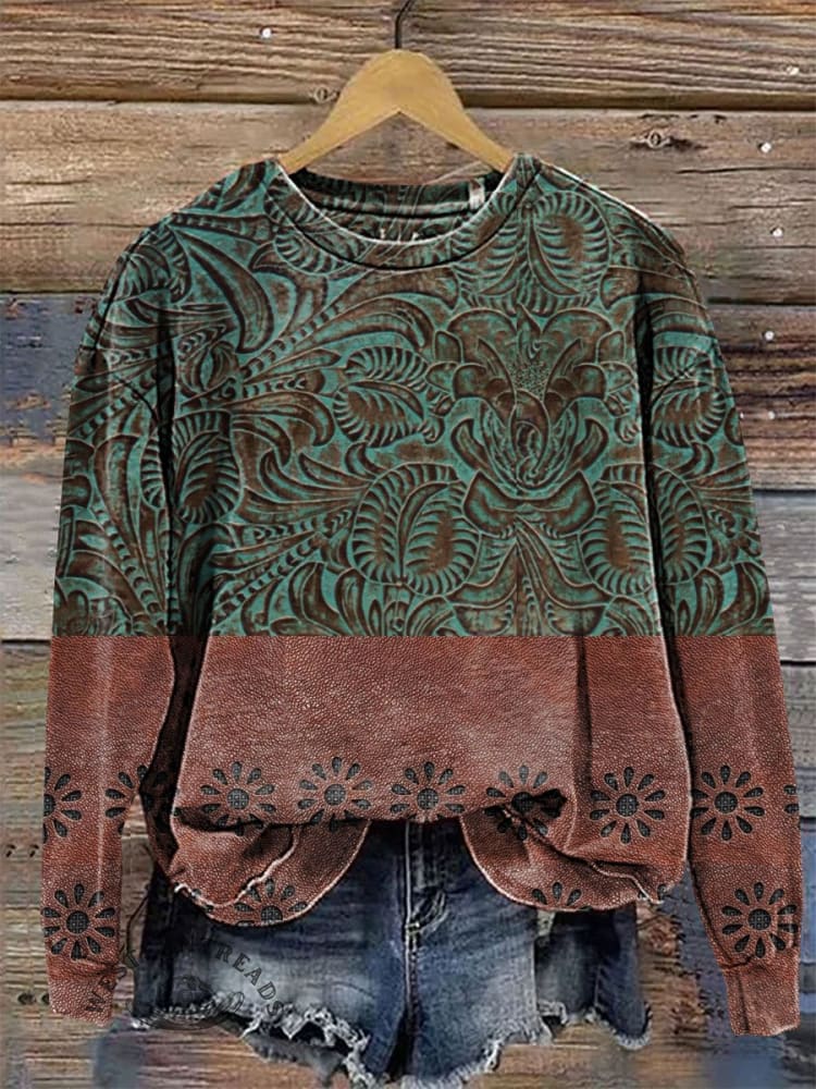 Zielono-brązowa bluza typu casual z nadrukiem w stylu western