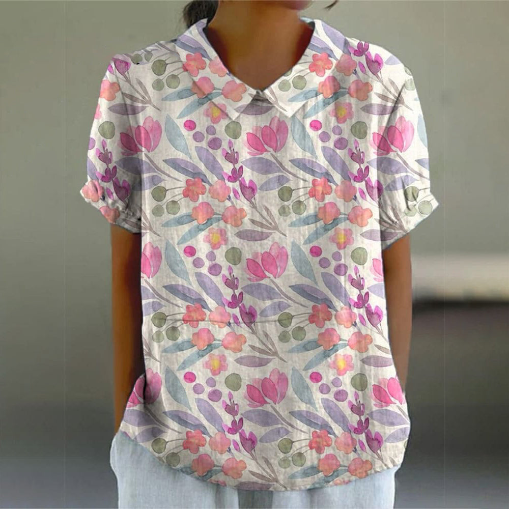 Obraz olejny Wiosna Pole Art Printed Damska swobodna koszula bawełniana i lniana 04