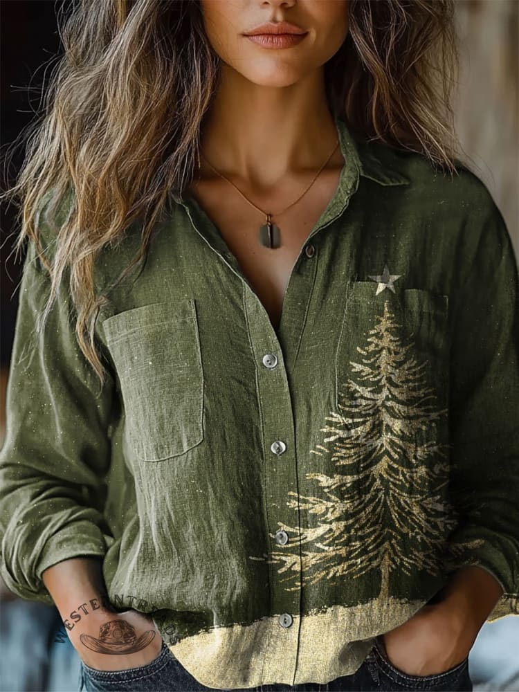 Koszula z długim rękawem z bawełny i lnu z motywem sosny