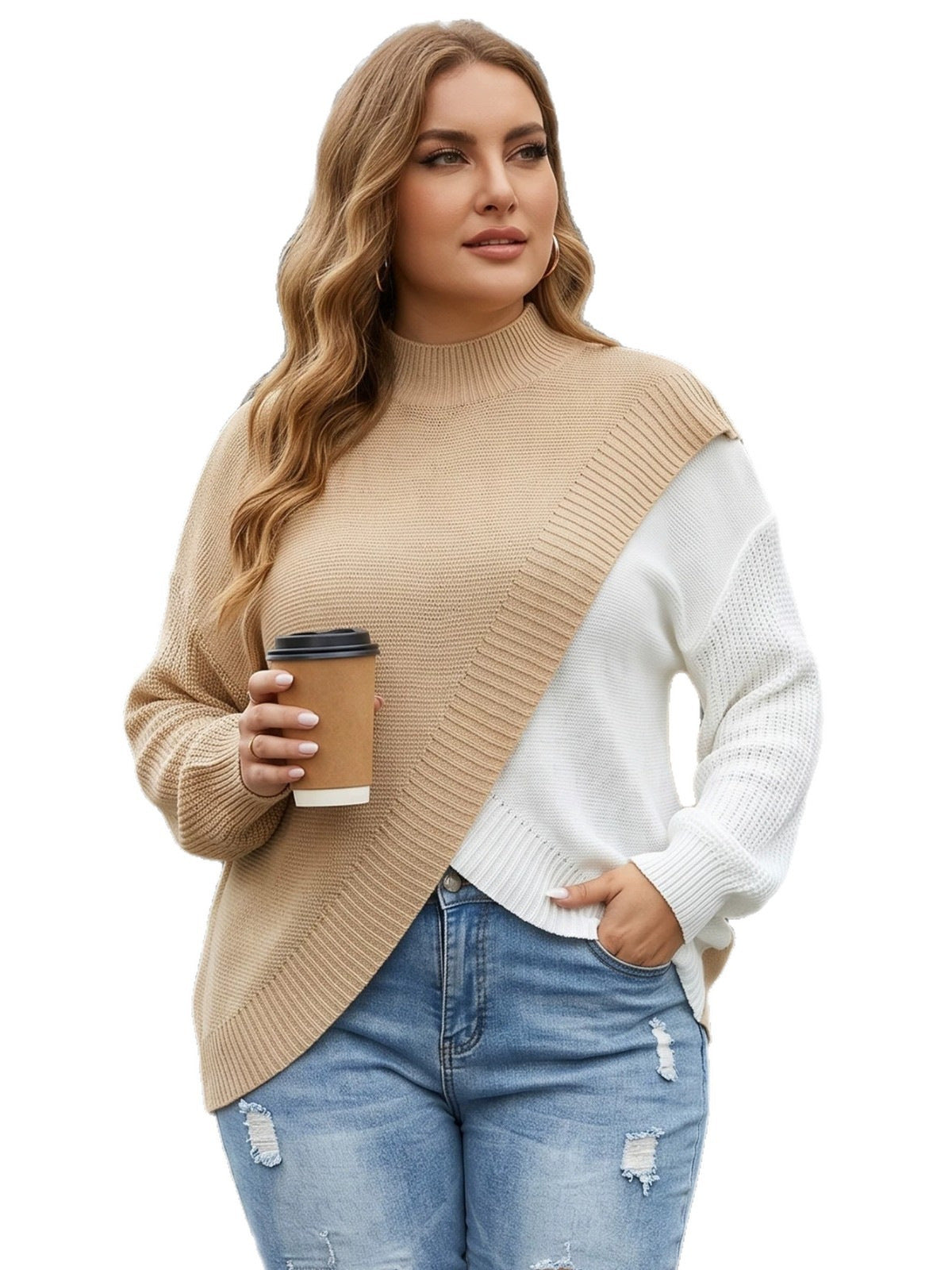 Ten elegancki sweter w blokach kolorów białego i khaki jest luźny i wygodny.