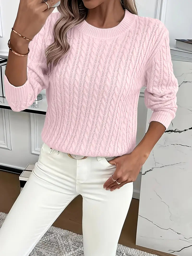 Sweter w stylu retro ze wzorem warkoczowym, okrągłym dekoltem, długimi rękawami, wygodny i uniwersalny.